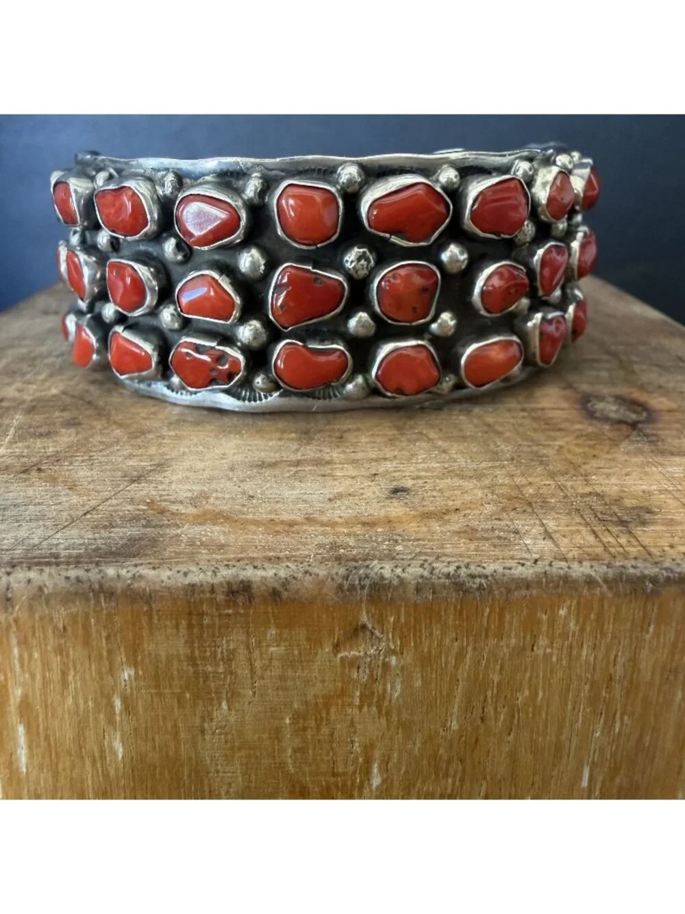 Vintage Navajo Sterling Silver & Coral Cabochon Cluster Cuff Bracelet Signed DM